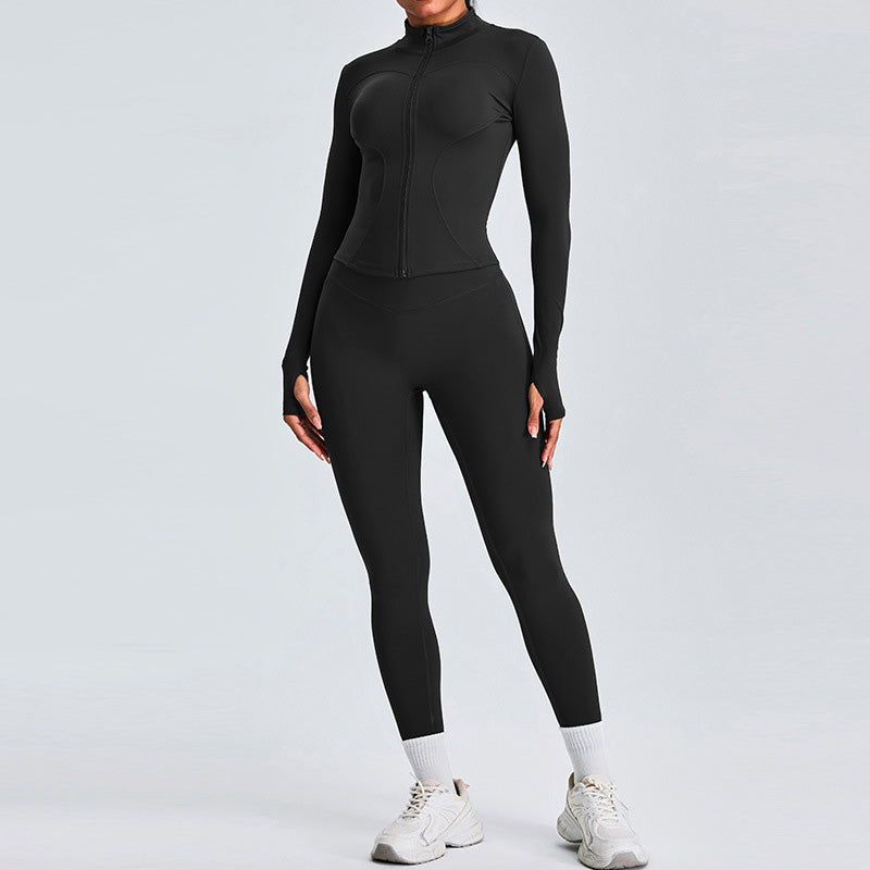 Long Sleeve Full Zipper Fitness Tops + High waist leggings set