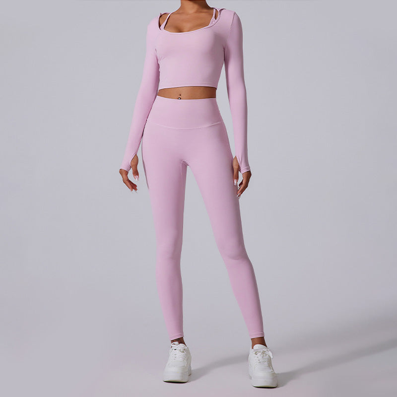 long sleeve hooded sports top + high waist leggings 2-piece set