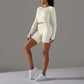 Seamless Knitting Sports Long Sleeve Top + High-Waisted Shorts Set