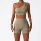 Quick-dry one shoulder sports bra + High waist shorts 2-piece set