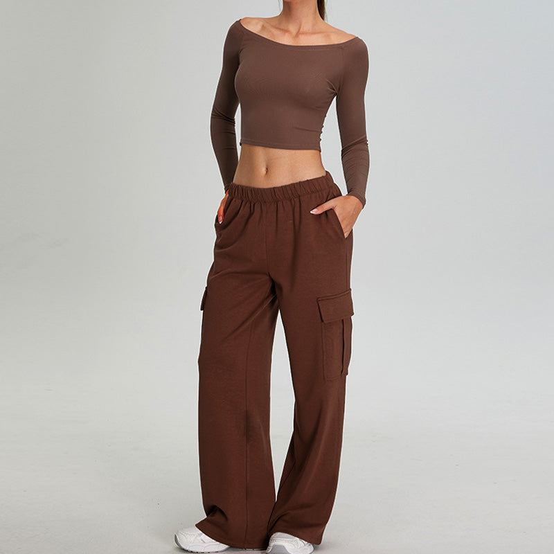 off shoulder long sleeve sports top + Straight Leg Cargo pants 2-piece set